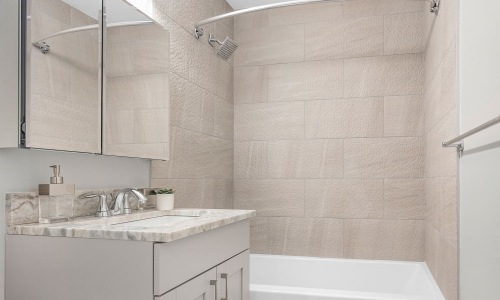 a bathroom with a shower and a mirror